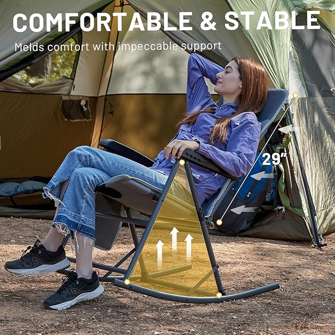 Timber Ridge 3-Level Adjustable Rocking Camping Chair, Ergonomic Padded High Back, Supports 300 LBS, Stable Anti-Tip Rocker, Hard Armrests for Easy Standing, Portable for Patio, Lawn & Tailgating