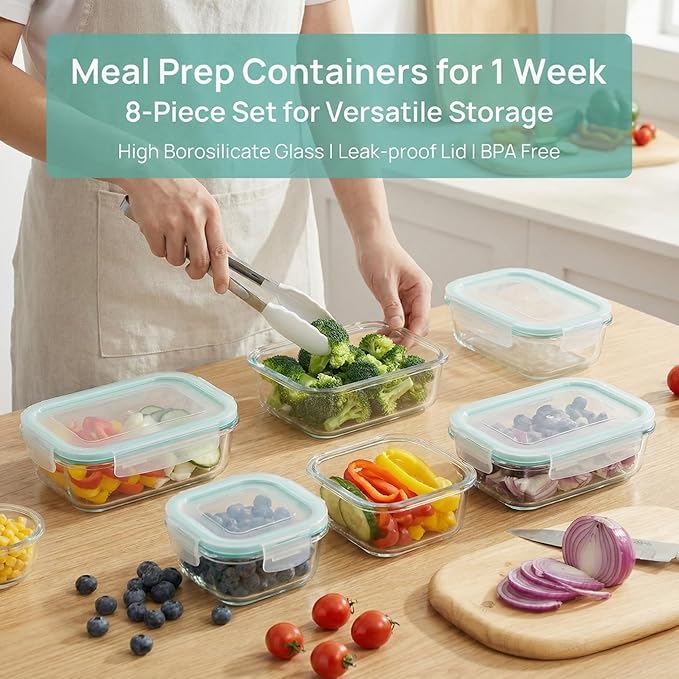 8 Pack Glass Food Storage Containers,Glass Meal Prep Containers with Lids,Airtight Glass Lunch Boxes,Leakproof Food Containers,Stackable Glass Storage Set,Microwave Safe Glass Containers,BPA Free