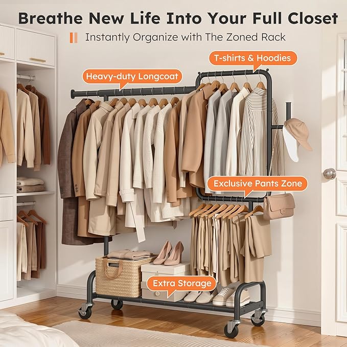 SOLEDI Heavy Duty Partitioned Clothes Rack, 600 LBS Load Metal Garment Rack with Shelves & Lockable Wheels, Rolling Hanging Rack for Bedroom, Laundry Room, Store & Garage (Black)
