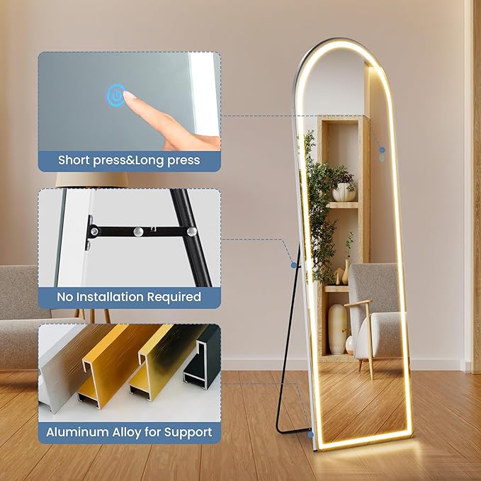 OLIXIS 16"×60" Arched LED Full Length Mirror with Lights, Standing Lighted Floor Full Body Mirror with 3 Color Lighting, Wall Mounted Mirrors for Bedroom, Home, Entryway with Tempered Glass