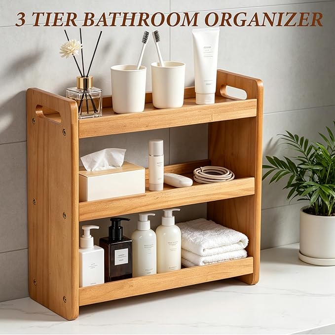 Bathroom Counter Organizer, 3 Tier Bathroom Countertop Organizer, Bathroom Counter Shelf, Wooden Makeup Organizers Countertop, Bathroom Vanity Organizers and Storage for Bedroom, Gifts