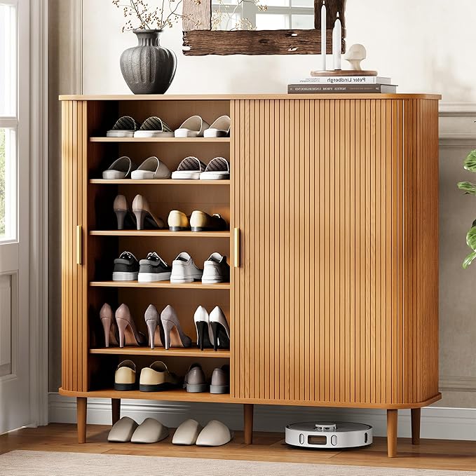 DHH Shoe Storage Cabinet with Sliding Door, 6-Tier Shoe Cabinet with Adjustable Shelves, Mid-Century Modern Freestanding Shoe Storage Organizer for Entryway, Hallway, Living Room (Wood, 47 ")