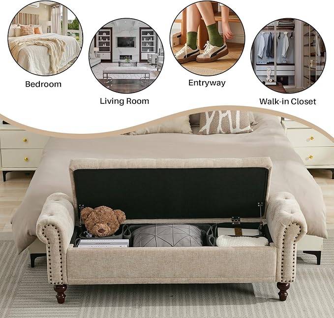SOFTHION 58.1" Storage Bench Upholstered Chenille End of Bedroom Bed Bench Ottoman with Tufted Cushioned Rolled Arm Large Storage Space for Reading Living Room Entryway, Light Brown
