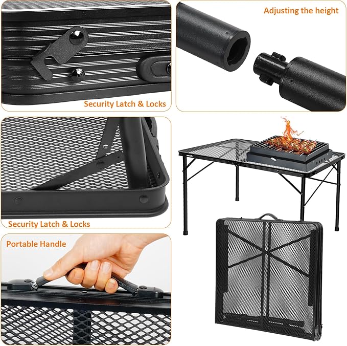 4 ft Folding Table with Metal Mesh Desktop, Grill Table Camping Table with Carry Handle,Adjustable Height (16.5" & 26"), Outdoor Table for Camp, Cooking, BBQ, RV, Picnic,Fits 4–8 People,Black