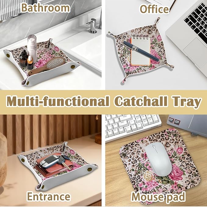 Leopard Print Gifts for Women Vintage Leopard Floral Jewelry Valet Tray, Cheetah Print Gifts PU Leather Catchall Beside Caddy Nightstand Organizer Tray for Rings Watches Keys, 7.87x7.87in