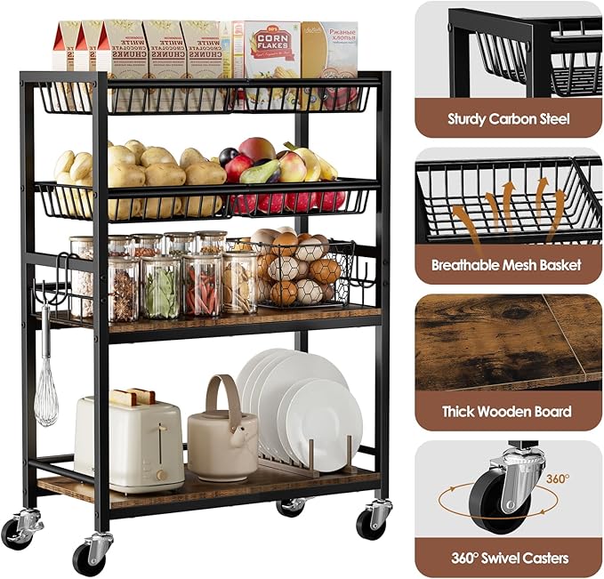 Fruit Vegetable Storage Cart, 4-Tier Rolling Kitchen Storage Cart, Fruit & Vegetables Basket Stand, Snack Organizer Shelf Unit for Kitchen, Bathroom, Living Room, Office, Balcony, Black