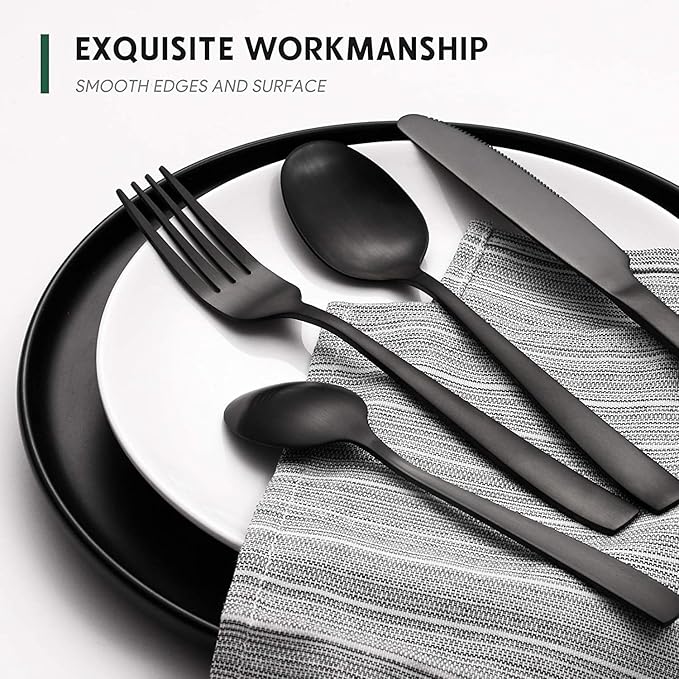 Hiware 48-Piece Matte Black Silverware Set with Steak Knives, Black Flatware Set for 8, Stainless Steel Tableware Cutlery Set, Utensil Sets for Kitchen