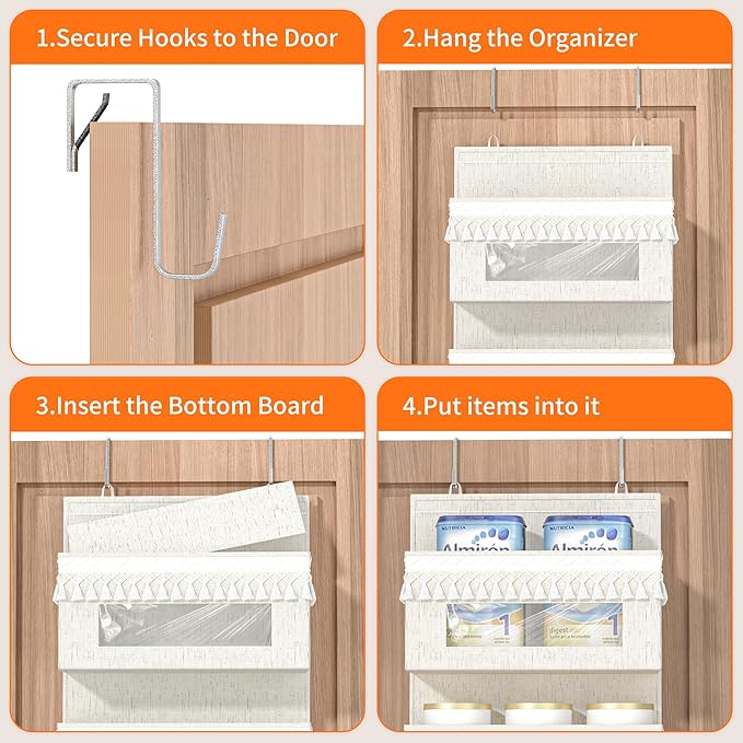 Aokeyee 5 Tier Over The Door Organizer Storage Nursery, Boho Door Organizer Hanging with Tassels and Clear Window, 65lb Behind The Door Storage for Baby Nursery, Bedroom, Bathroom