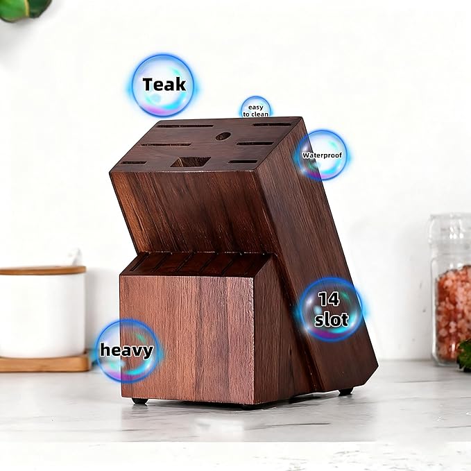 Teak Wood Knife Block Organizer, 14-Slot Kitchen Counter Storage Holder, Universal Design (Brown)
