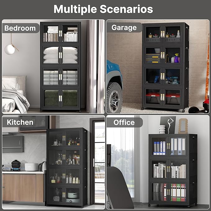 UAMFURI Stackable Storage Bins with Lids, Clear Doors, Large Storage Cabinet Foldable Collapsible Closet Organizers for Bedroom Dorm Office (4, Black, 160, Quarts)