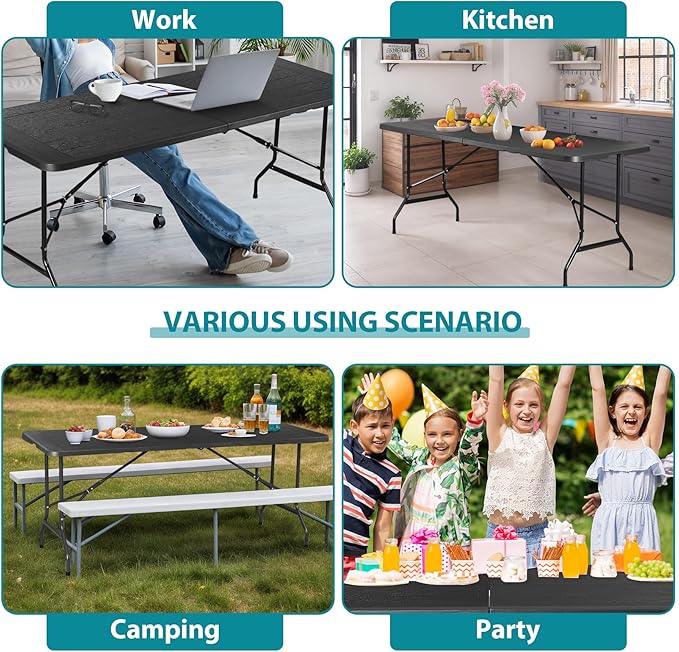 Folding Event Table, Heavy Duty Picnic Table Indoor Outdoor Camping, 6FT Portable w Handle Lock for Banquet, Black