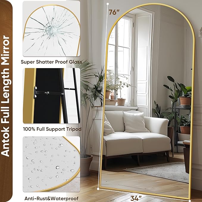 Antok Arched Full Length Mirror, 76"x34" Gold Metal Frame Floor Mirror for Bedroom Living Room, Freestanding/Wall Mount/Leaning