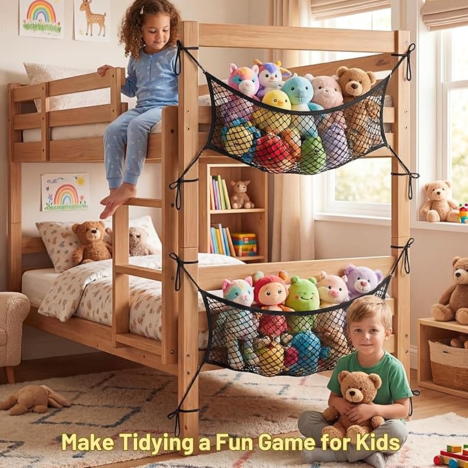 Stuffed Animal Storage Net for Kids, 2 Pack Bedside Toy Organizer Net - Neatly Store Your Stuffed Animals, Elastic Bedside Stuffed Animal Storage Net with Tether, Stretches up to 32 Inches
