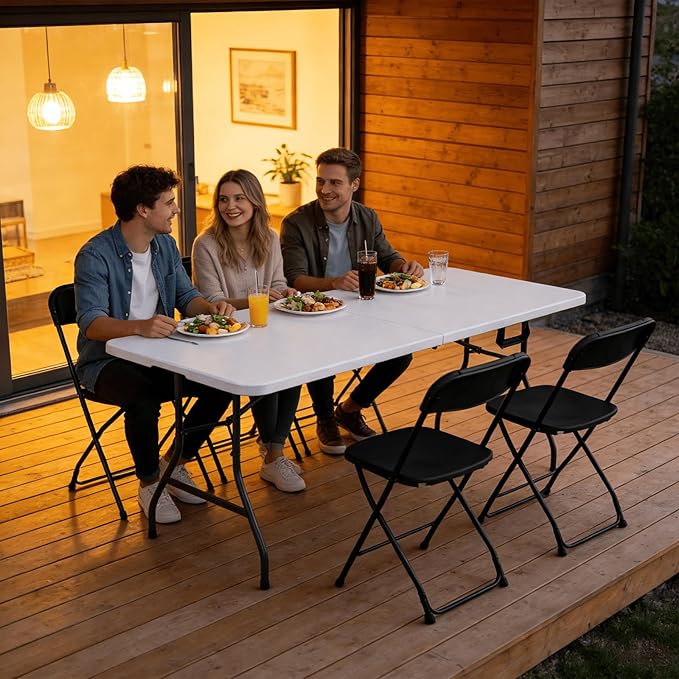 Folding Table 1 Pack, 6FT Folding Table Portable with Built-in Handle, Heavy Duty Plastic Table with Steel Legs Supports to 300lbs, Suitable for Party, Camping, Events Indoor&Outdoor Use, White