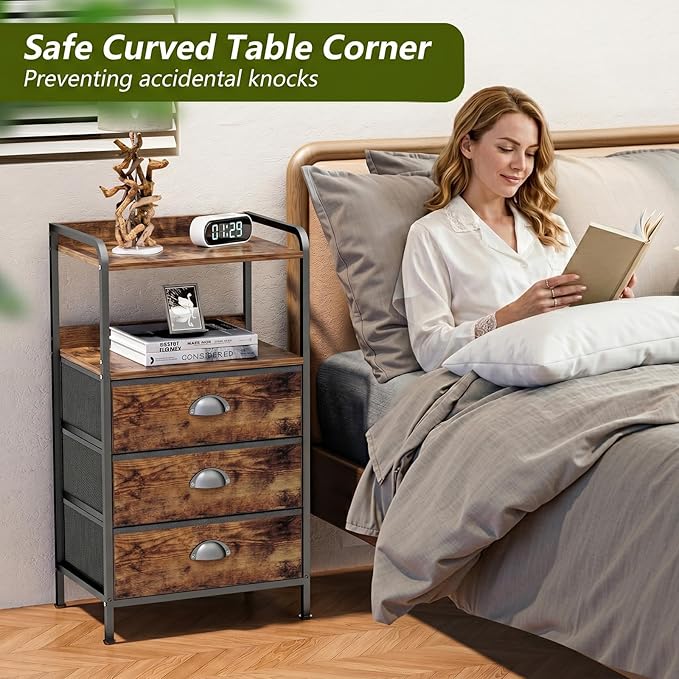 Night Stand Set 2, Nightstand with 3 Fabric Drawers and 2-Tier Shelf, Small Dresser Organizer, Bedside Table with Storage, End Table for Bedroom, Steel Frame, Wood Top, Rustic Brown