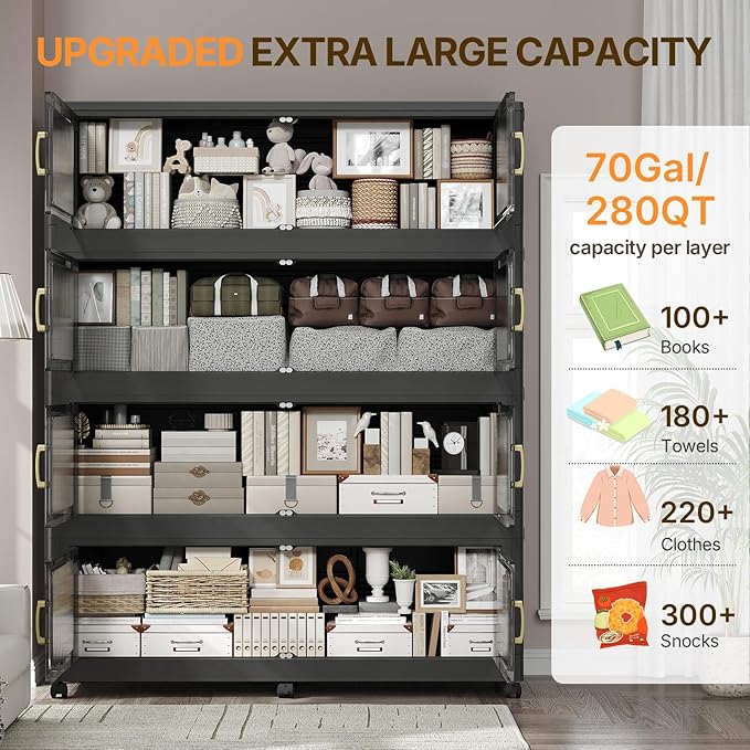 Extra Large Stackable Storage Bins with Lid, 210Gal/840QT Foldable Collapsible Storage Box with Doors, Wheels and Drawers, Plastic Closet Organizer Container for Kitchen, Bedroom, Dorm, 3Pack