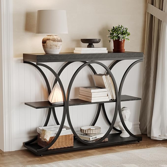 Garvee 39" Narrow Console Tables for Entryway, Industrial 3-Tier Sofa Table with Round Metal Base and Storage Shelves for Living Room, Hallway, Foyer, Black Wood Grain