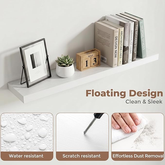 Venusmiles Floating Shelves for Wall, 36 Inch Floating Shelves Set of 2, 6.5" D Wooden Wall Mounted Display Shelves with Invisible Brackets for Living Room, Bedroom, Bathroom, Kitchen Decor, White