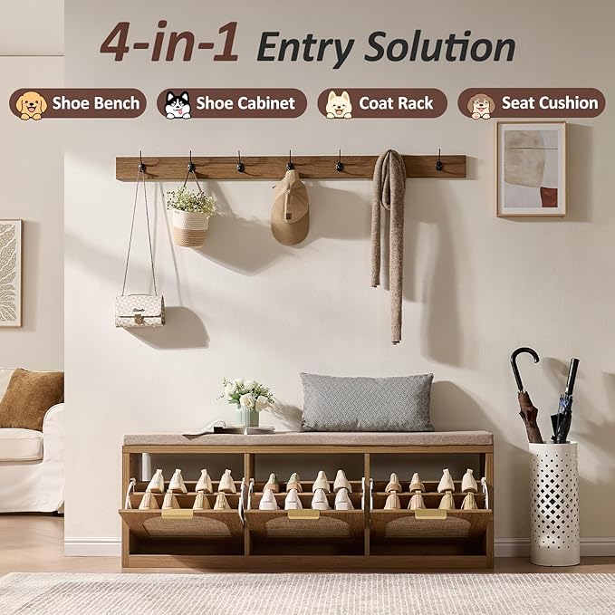 Rattan Narrow Entryway Bench with Shoe Storage, 3 Flip Drawers & Coat Rack, Mid-Century Modern Wood Shoe Cabinet with Seat Cushion for Foyer/Hallway (Rustic Oak Rattan)