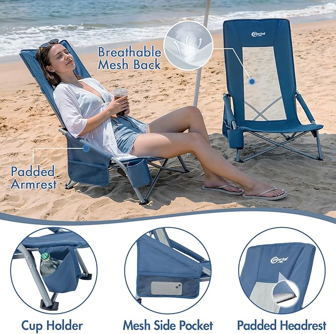 Portal High Back Beach Chair for Adults - Heavy Duty 350 lbs Folding Portable Sand Chair with Cup Holder & Side Pocket, Breathable Mesh Tall Camping Chair with Rotating Feet for Outdoor Travel Blue