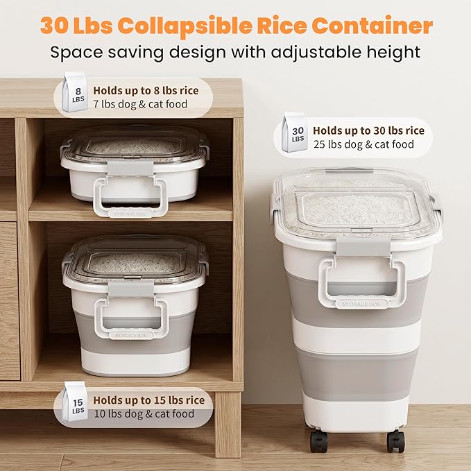 30 Lbs Rice Storage Container with Wheels, Collapsible Airtight Dog Food Storage Container with Transparent Lid, Measuring Cup, Scoop, Handle, BPA Free Rice Holder for Pet Food, Grain, Bird Seed