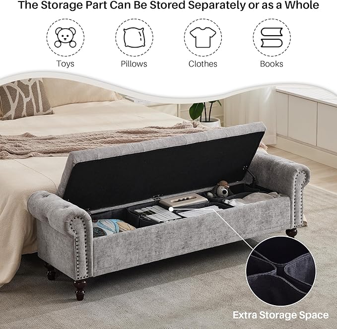SOFTHION Storage Bench for Bedroom, 67" End of Bed Bench King Size, Upholstered Chenille Storage Ottoman with Tufted Cushioned Rolled Arm Large Storage Space for Living Room Entryway, Light Grey