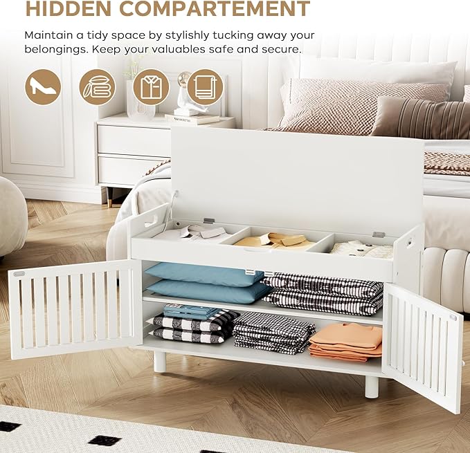 oakvivo 35.4in Shoe Bench with Storage, Bamboo Entryway Bench with Lift Top Hidden Storage & Padded Seat, 2 Doors 2-Tier Narrow Shoe Rack Cabinet Organizer for Hallway Mudroom Bedroom, White