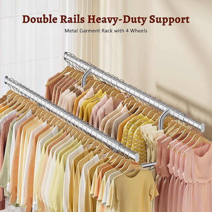 FAVOOSTY Clothes Rack for Hanging Clothes Double Rods, Rolling & Extending Clothing Rack with Wheels, Garment Coat Rack Freestanding, Portable Clothes Rack, Sliver