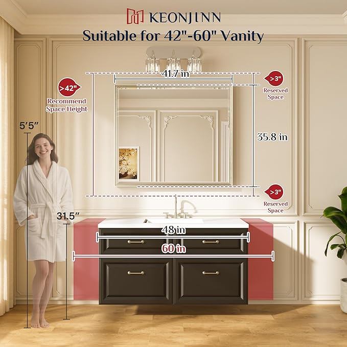 Keonjinn 42" x 36" Gold Mirrors for Bathroom Sink, Brushed Gold Bathroom Vanity Mirror, Beveled Tempered Glass, Aluminum Alloy Frame, Rustproof, Large Rectangle Wall Mirror for Decor, Modern Farmhouse