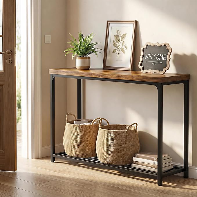 Besiost 47" Console Table with 2-Tier Storage, Industrial Narrow Entryway Table, Sofa Table Behind Couch for Hallway, Foyer & Living Room, Sturdy Metal Frame, Rustic Brown