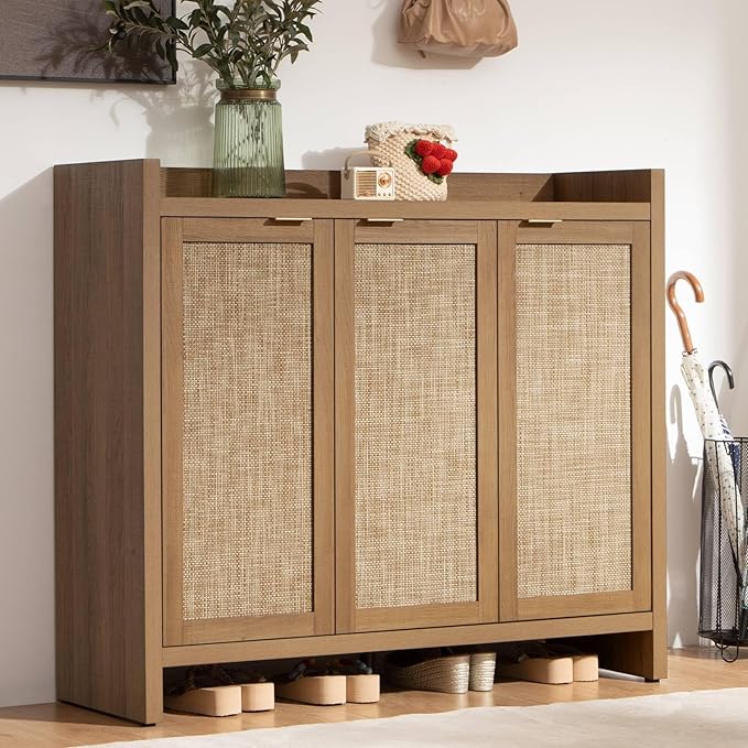 SICOTAS Shoe Storage Cabinet Set of 2, Large Tall Shoe Cabinet, Rattan Shoe Cabinet Storage for Entryway, Farmhouse Cabinet with Doors and Adjustable Shelves for Entryway Hallway Living Room