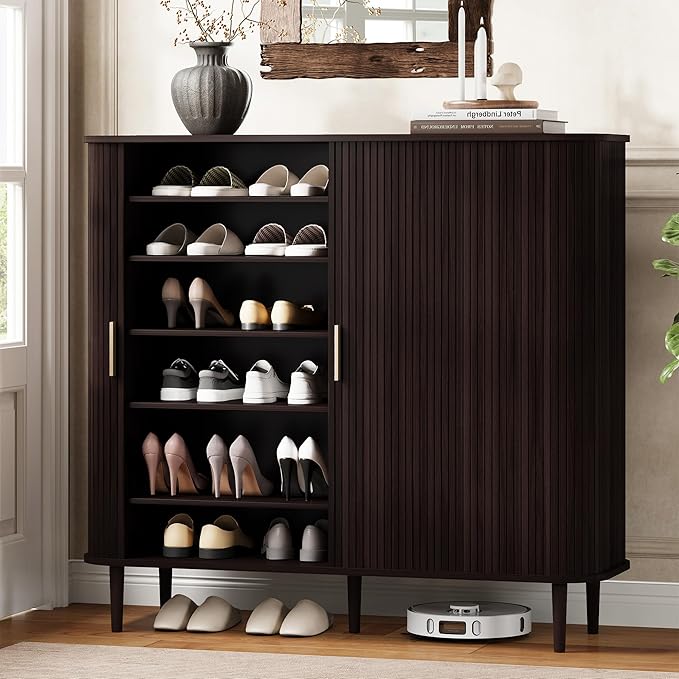 DHH Shoe Storage Cabinet with Sliding Door, 6-Tier Shoe Cabinet with Adjustable Shelves, Modern Freestanding Shoe Storage Organizer for Entryway, Hallway, Living Room (Dark Walnut, 47 ")