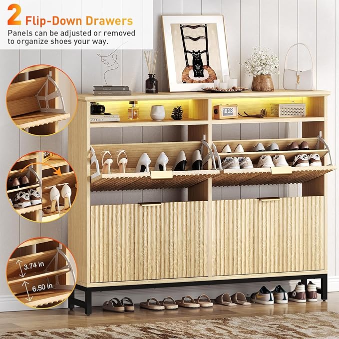 Fluted Shoe Storage Cabinet with 4 Flip Drawers, 47.24" Narrow Shoe Organizer Cabinet with LED Light, Slim Freestanding Shoe Rack Cabinet, Wooden Hidden Shoe Cabinet for Entryway, Hallway(Natural Oak)
