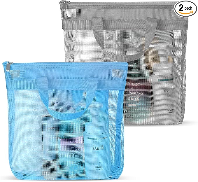 Portable Mesh Shower Caddy Tote, Quick Dry Tote Bag Mesh Beach Bags for Women, Hanging Toiletry and Bath Organizer for Travel Swimming Sports Gym Camp Shopping College Dorms (2pcs,sky Blue-Gray)