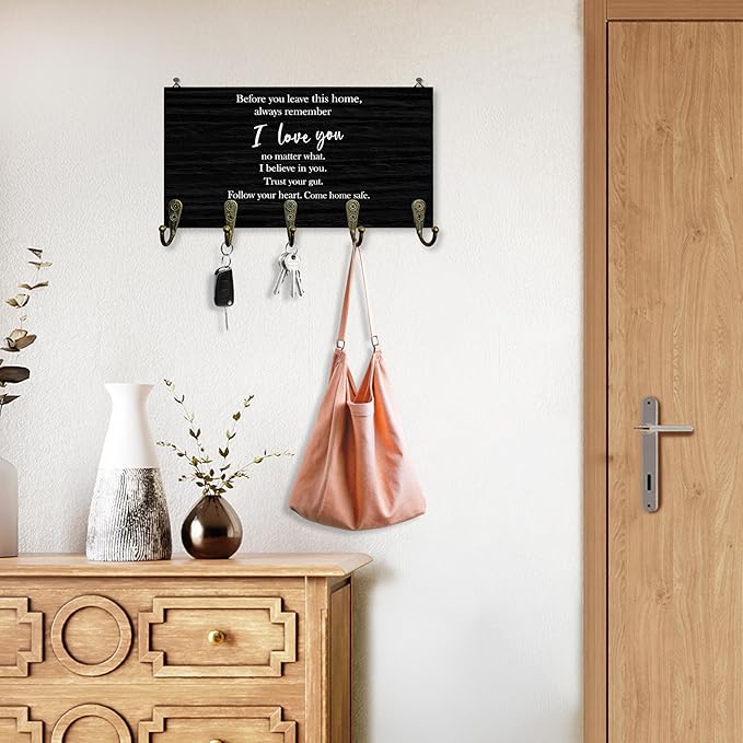 I Love You Sign Key Holder for Wall 10"x5.12", Couple Home Key Hanger Wall Mount, Before You Leave This Home Sign Love Wooden Hanging Keys Holder Decor for Entryway Front Door（5 Hooks）
