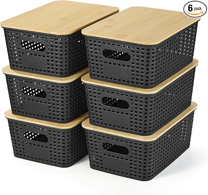 Ohmlove Plastic Storage Baskets With Bamboo Lid - Plastic Storage Containers Stackable Storage bins: Storage Baskets for Organizing Shelves Drawers Desktop Closet Playroom Classroom Office, 6 Pack