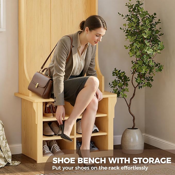 IRONCK Hall Tree with Bench and Shoe Storage, 6-in-1 Entryway Bench with Coat Rack, Adjustable Shelf, Hanging Hooks, 6 Shoe Cubbies, 2-Tier Top Storage, for Entryway, Bedroom, Living Room, Oak