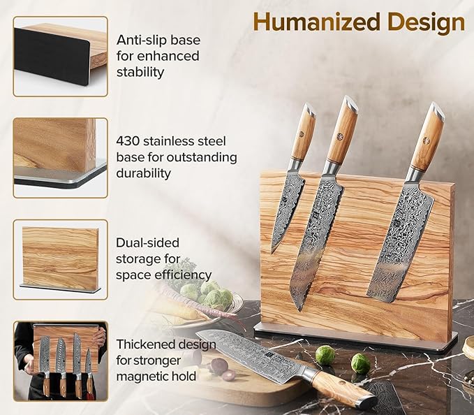 XINZUO Double Sided Magnetic Knife Holder Rack For Kitchen Counter - Natural Olive Wood Stand,Modern Knife Block & Storage - Magnetic Storage(12.6 X 4 X 9.3Inches)