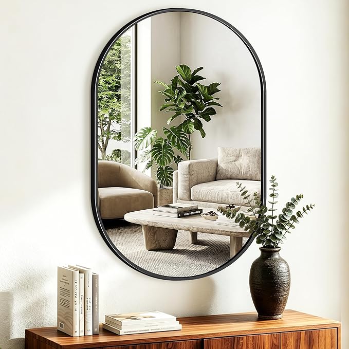 TRAHOME Oval Bathroom Mirror, 24"x36" Black Vanity Mirror for Over Sink, Bedroom, Living Room, Entryway, Modern Mounted Metal Frame Wall Mirror