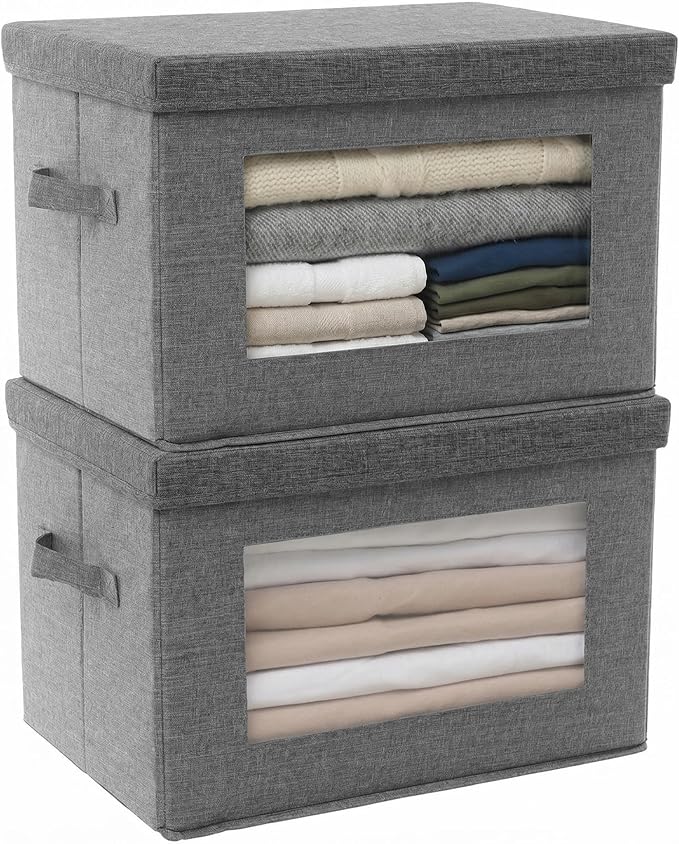 2-Pack Collapsible Storage Bins with Lids, Linen Fabric Foldable Storage Boxes, Cube Closet Organization for Clothes, Blankets, Books, Gray