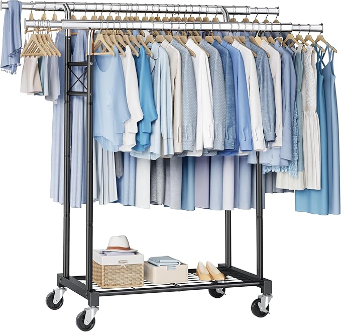 FAVOOSTY Clothes Rack for Hanging Clothes Double Rods, Rolling & Extending Clothing Rack with Wheels, Garment Coat Rack Freestanding, Portable Clothes Rack, Black