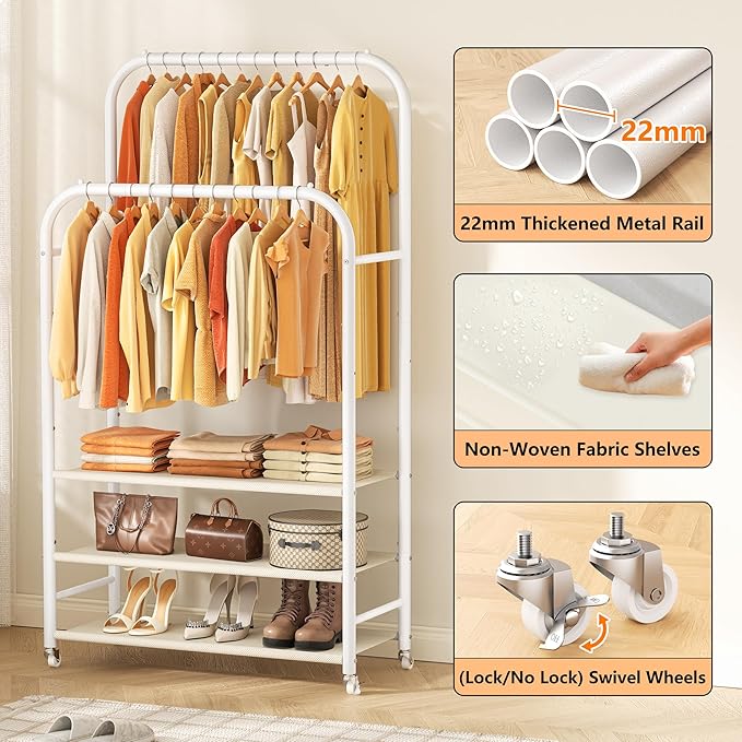 HOMIDEC Double Rods Clothes Rack Clothing Rack with 3 Tier Storage Shelves Clothes Rack for Hanging Clothes Multifunctional Heavy Duty Clothes Organizer for Bedroom,Wardrobe Closet,Shop,White
