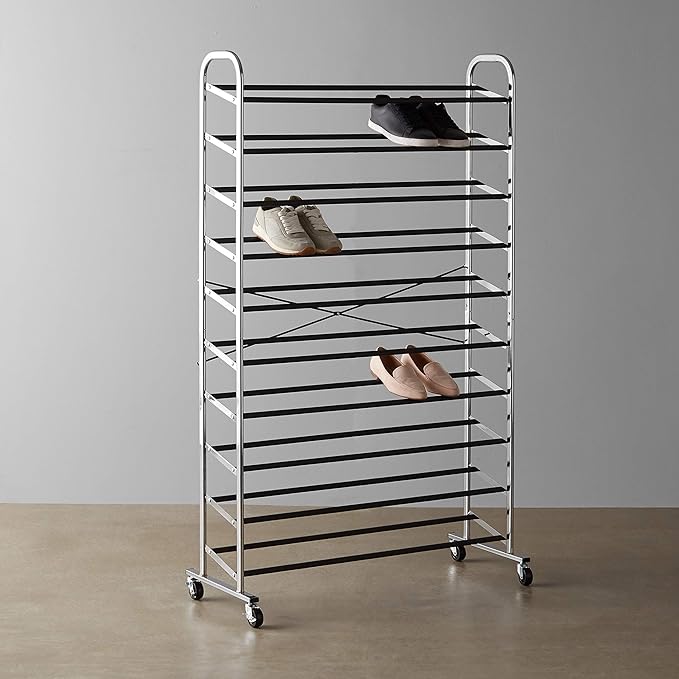 Amazon Basics 50-Pair Shoe Rack Organizer, Portable Rolling with Locking Wheels, Free Standing, 35.8 x 14.6 x 59.5 inches, Chrome