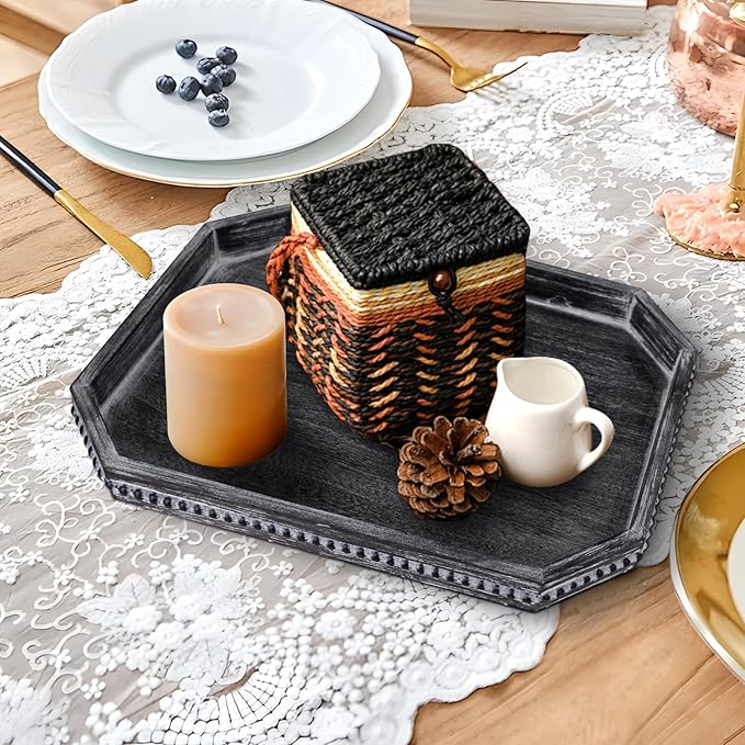 CedarLux Decorative Coffee Table Serving Tray, Long Octagonal Black Wood Tray with Wooden Bead, Farmhouse Big for Ottoman Table, Countertop, Home Decor, 16.5"x13"x1.6" (Retro Black)
