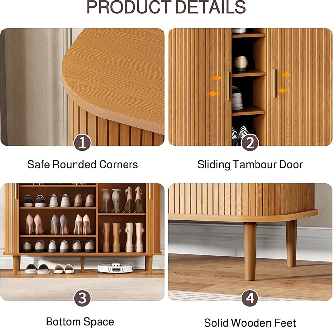 DHH Shoe Storage Cabinet with Sliding Door, 6-Tier Shoe Cabinet with Adjustable Shelves, Mid-Century Modern Freestanding Shoe Storage Organizer for Entryway, Hallway, Living Room (Wood, 47 ")