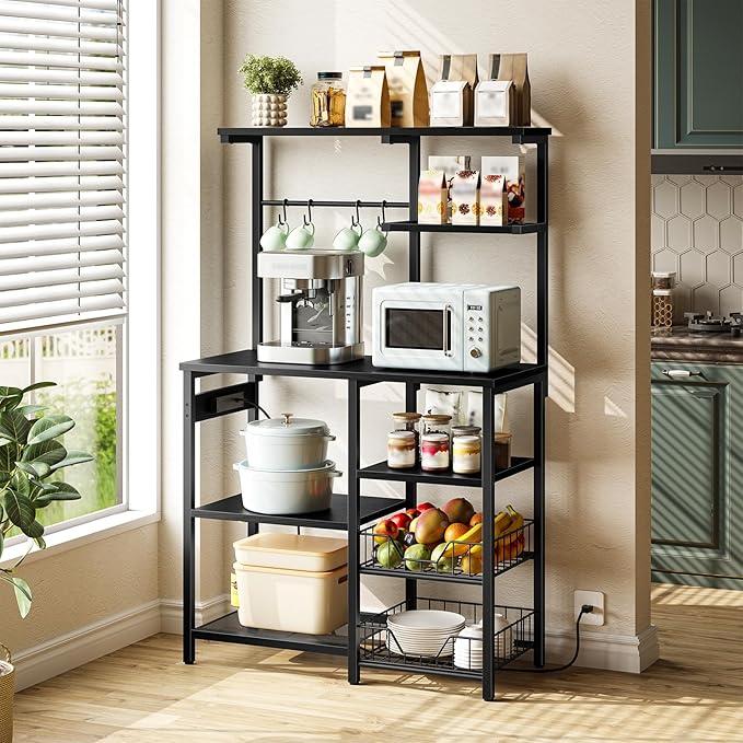 HOOBRO Large Bakers Rack with Power Outlets, 6-Tier Microwave Stand with 4 Hooks, Coffee Bar, Kitchen Shelf with Wire Basket, for Kitchen, Living Room, Office, Black BB64UHB01