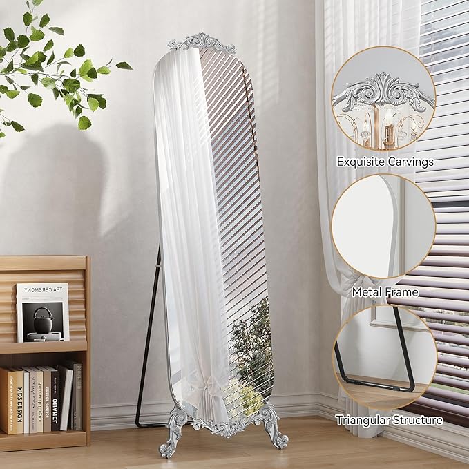 Vintage Full Length Mirror, 63"X20" Arched Floor Mirror, Baroque Full Body Mirrors with Art Carved, Standing Mirrors for Bedroom, Living Room, Entryway,Silver