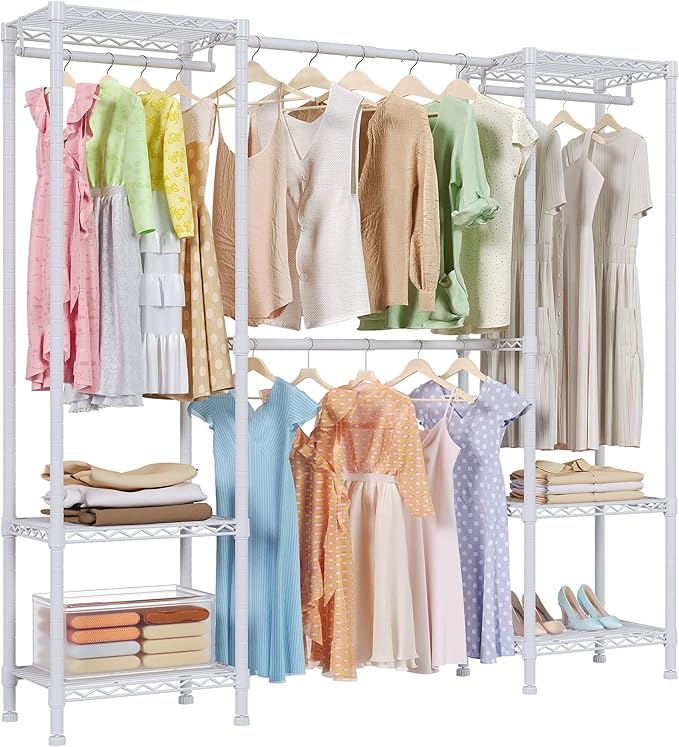 Higeego H10 Expandable Clothes Rack Clothing Rack for Hanging Clothes, Heavy Duty Garment Rack, Freestanding Wardrobe Closet Organizer with Hanger Rods, Extendable from 4.6 to 5.1 ft, White