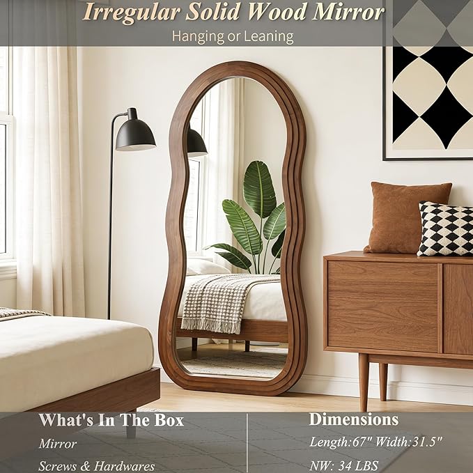 Wavy Full Length Mirror, 67"x31.5" Organic Floor Mirror with Triple-Layer Solid Wood Frame, Large Irregular Aesthetic Mirrors for Living Room Entryway Hallway, Leaning/Hanging