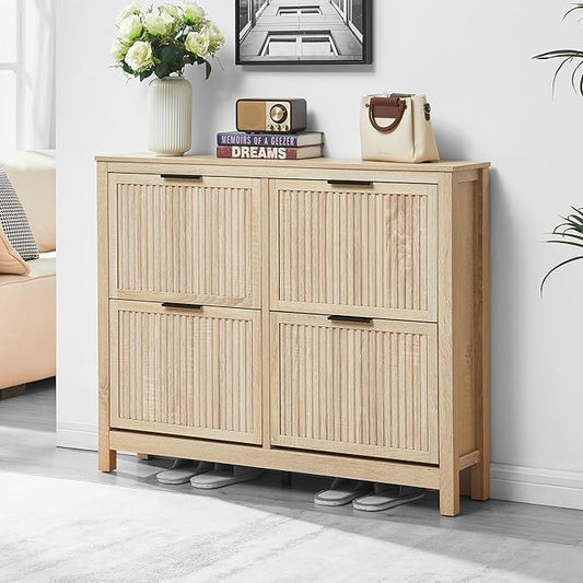 4 Flip Drawers Shoe Cabinet Storage for Entryway, Narrow Hidden Wood Shoes Organizer Cabinet Front Door Entrance Thin Free Standing Front Door Shoe Rack Storage for Entryway(Oak)